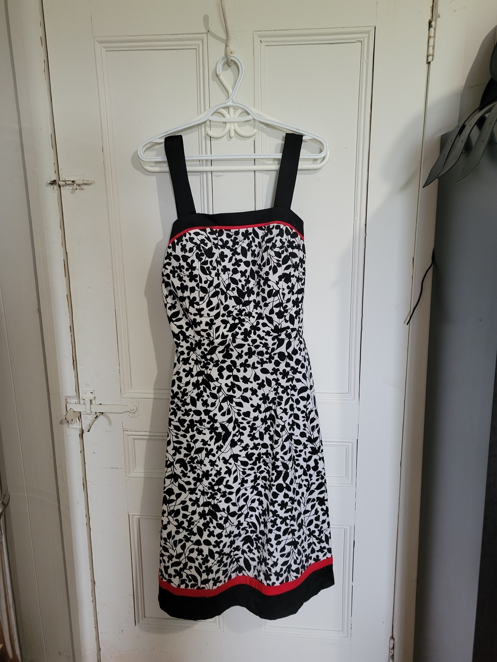Black and White Floral Midi Dress with Red Trim